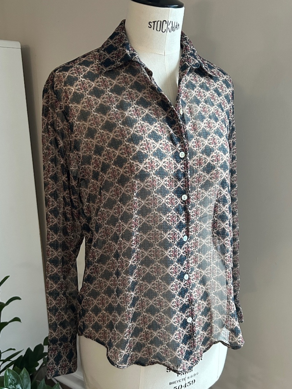 NWOT Zara Luxury Semi-Sheer Button-Up Blouse Shirt Geometric golden Lurex US 2